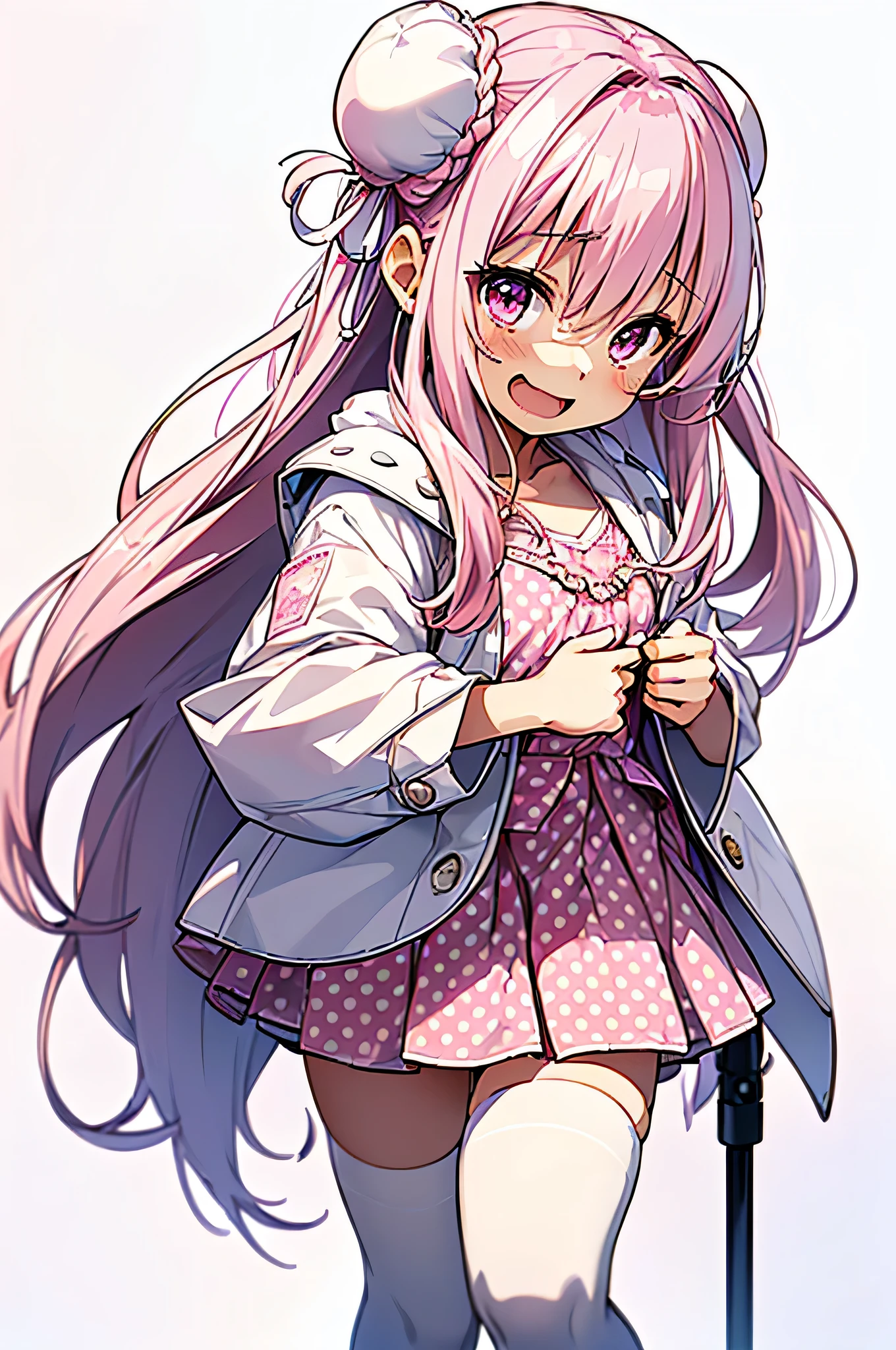 (Highest quality,The background is pure white、 8k, Oil, Tabletop:1.2), Very detailed, (Realistic, Realistic:1.37), (((Full Body Shot)))、Bright colors, (Hair Ribbon:0.4), Pink Eyes,(((White bun hair))),(((Pink long hair))), (((looks fun)))、(((White and pink polka dot outfit)))、(((White and pink camisole)))、(((２０Women of a certain age)))、(((A little bit of chest is visible)))、Studio Lighting, ((( White Background))), (((Laughter.)))、(((The background is pure whiteな壁です)))、(((In front of a white wall)))、