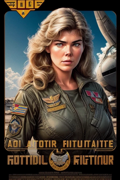 Kelly McGillis -Top Gun, Realistic,Polite dresses,(Fighter Action War Movie Poster),(Foundation Movie Reference: 1.8),Realistic,Air Force general uniform,(Realistic face resolution),cinematic pose,Adult,skinny,Big,1 long-haired dark blonde woman,Serious face,Science fiction,Science fiction,Various supporting characters