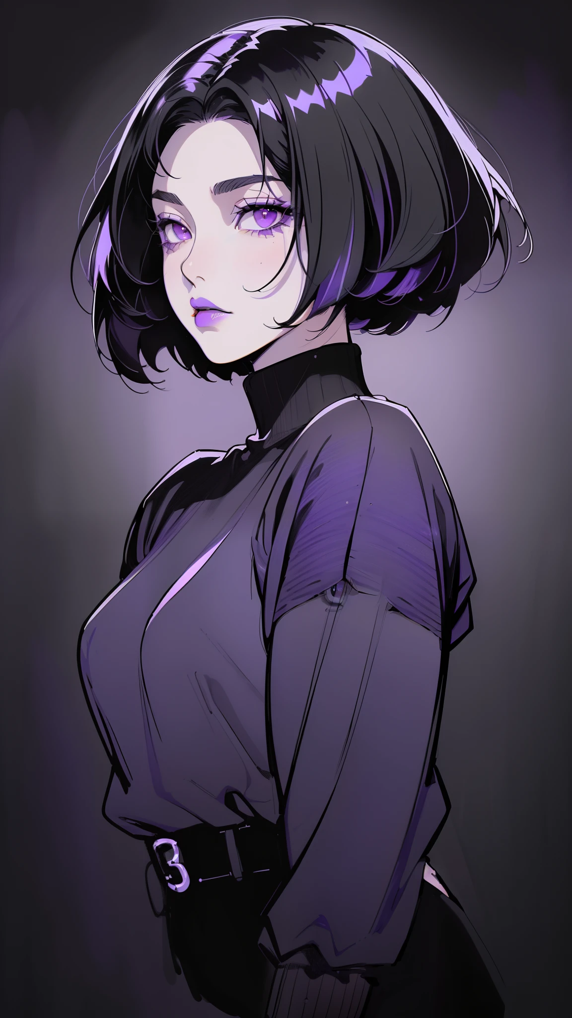 (best quality, sketch:1.2), dark monochrome background, anime,illustrator,anime,1 girl, detailed lips,sweater,custom, ( background dark),neon hair,textured cropping,Canadian, masterpiece, style retro classic, noir dark, art, sketch book, (bob hair purple:1.35, black:1.55), bad women 