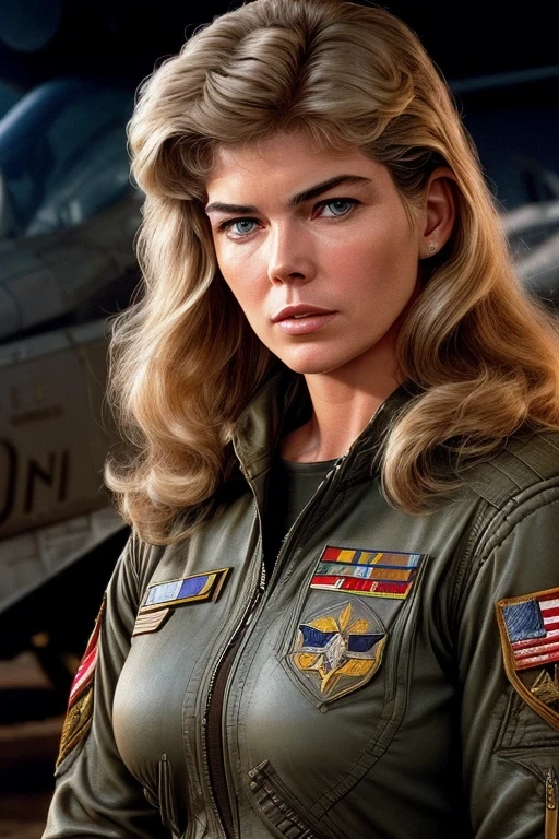 Kelly McGillis -Top Gun, Realistic,Polite dresses,(Fighter Action War Movie Poster),(Foundation Movie Reference: 1.8),Realistic,Air Force general uniform,(Realistic face resolution),cinematic pose,Adult,skinny,Big,1 long-haired dark blonde woman,Serious face,Science fiction,Science fiction,Various supporting characters