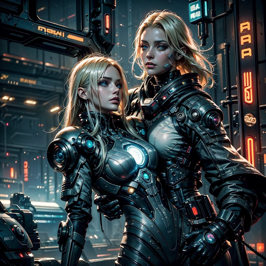 a futuristic cyberpunk woman with blonde hair,beautiful detailed eyes,beautiful detailed lips,extremely detailed face and eyes,longeyelashes,wearing a futuristic steampunk uniform,embracing a mysterious alien,dimly lit planetary colony,industrial structures,neon lights,impending danger,romantic atmosphere,photorealistic,8k,ultra-detailed,masterpiece,cinematic lighting,dramatic composition,moody colors,neon cyberpunk,science fiction,concept art