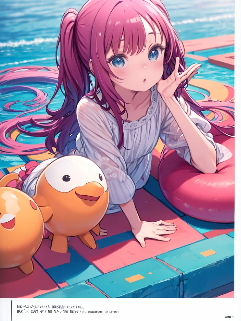 interesting, comical, , , , Pool Background, (Playful), toy, figure, High resolution, Vibrant colors, Soft lighting, Random Action,Randomly worn,Random Angle,(Exquisite hand:1.5)(Perfect figure:1.5)(More sophisticated anime eyes:1.5)Long Hair,Random Hairstyles