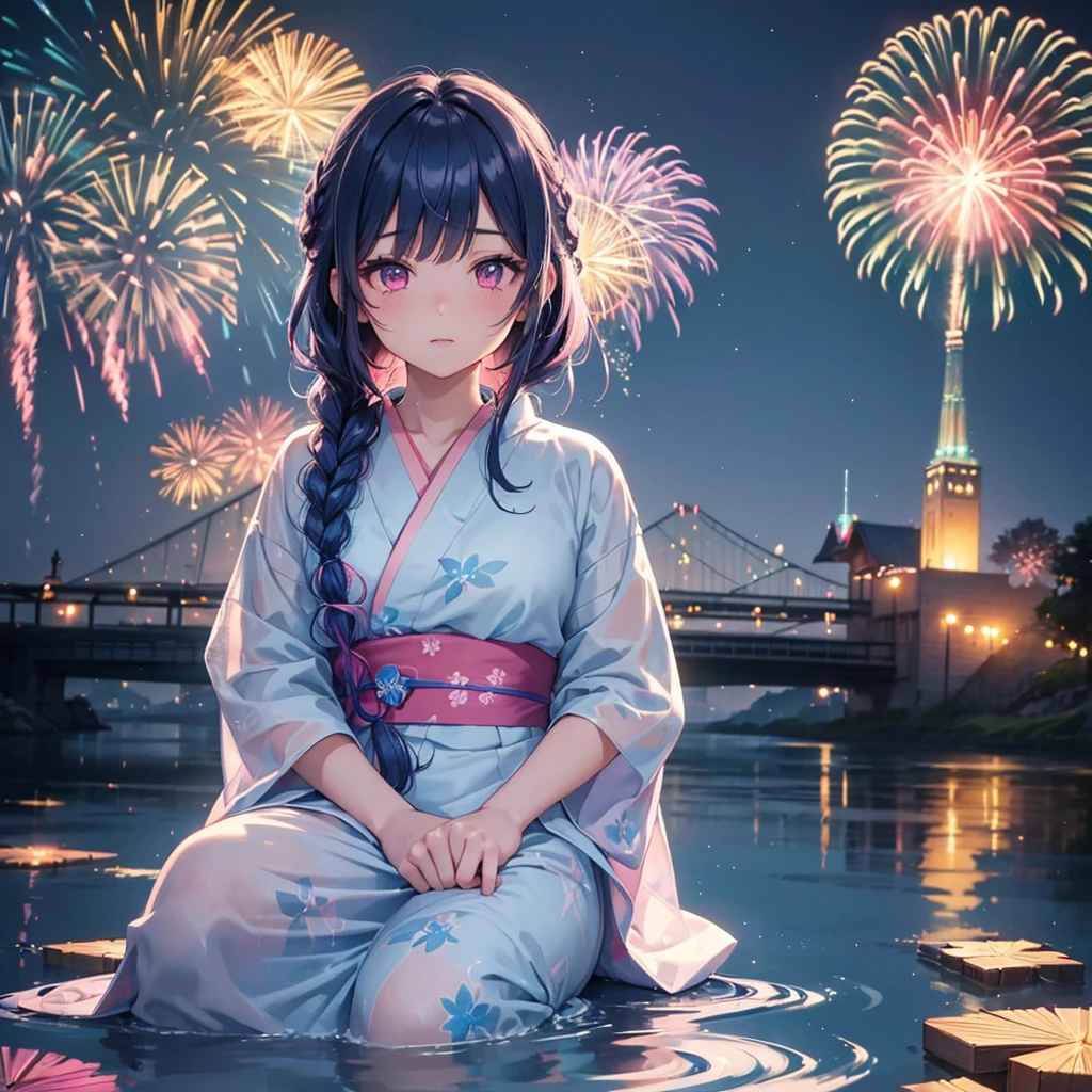 (Sky Blue Medium Hair:1.2), (Braided Hair),(Pink Eyes),Fair skin ,(whole body),(1 girl)、Floral Yukata、summer night、Extra-large fireworks filling the night sky、Big fireworks、Watching the fireworks while sitting next to each other、Straight bangs,(masterpiece, Highest quality, Very detailed, Best Shadow), (Detailed Background), (Beautifully detailed face), High Contrast, (Best lighting, Very delicate and beautiful), ((Cinematic Light)), colorful, Hyper Detail 8k, Dramatic Light, Intricate details,Fireworks reflected on the water surface、Rainbow Bridge
