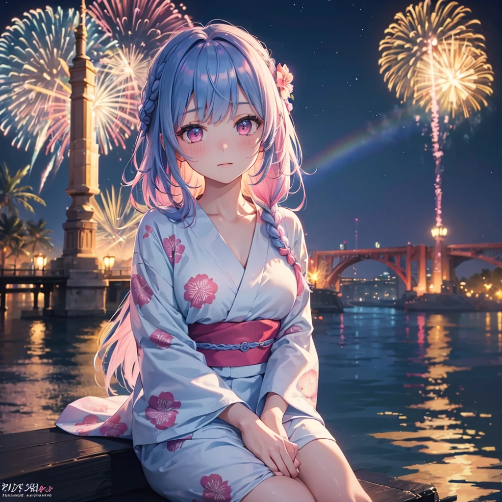 (Sky Blue Medium Hair:1.2), (Braided Hair),(Pink Eyes),Fair skin ,(whole body),(1 girl)、Floral Yukata、summer night、Extra-large fireworks filling the night sky、Big fireworks、Watching the fireworks while sitting next to each other、Straight bangs,(masterpiece, Highest quality, Very detailed, Best Shadow), (Detailed Background), (Beautifully detailed face), High Contrast, (Best lighting, Very delicate and beautiful), ((Cinematic Light)), colorful, Hyper Detail 8k, Dramatic Light, Intricate details,Fireworks reflected on the water surface、Rainbow Bridge