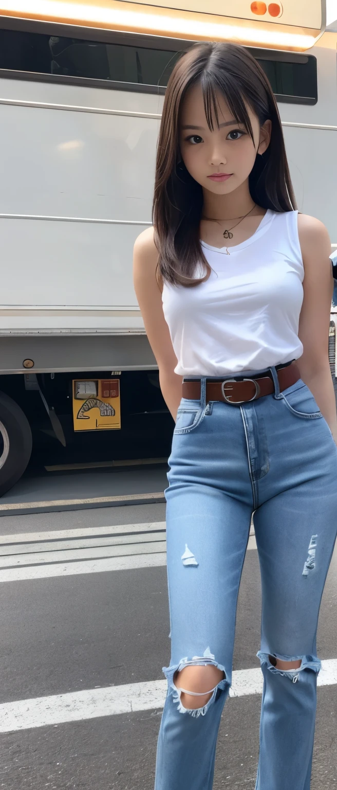Cute Teen Idol Girl、whole body、Good style、、、、、、、、、、Thick legs、Damaged Denim Pants Costume（Sleeveless、Cool belt）、Cool girl face、
