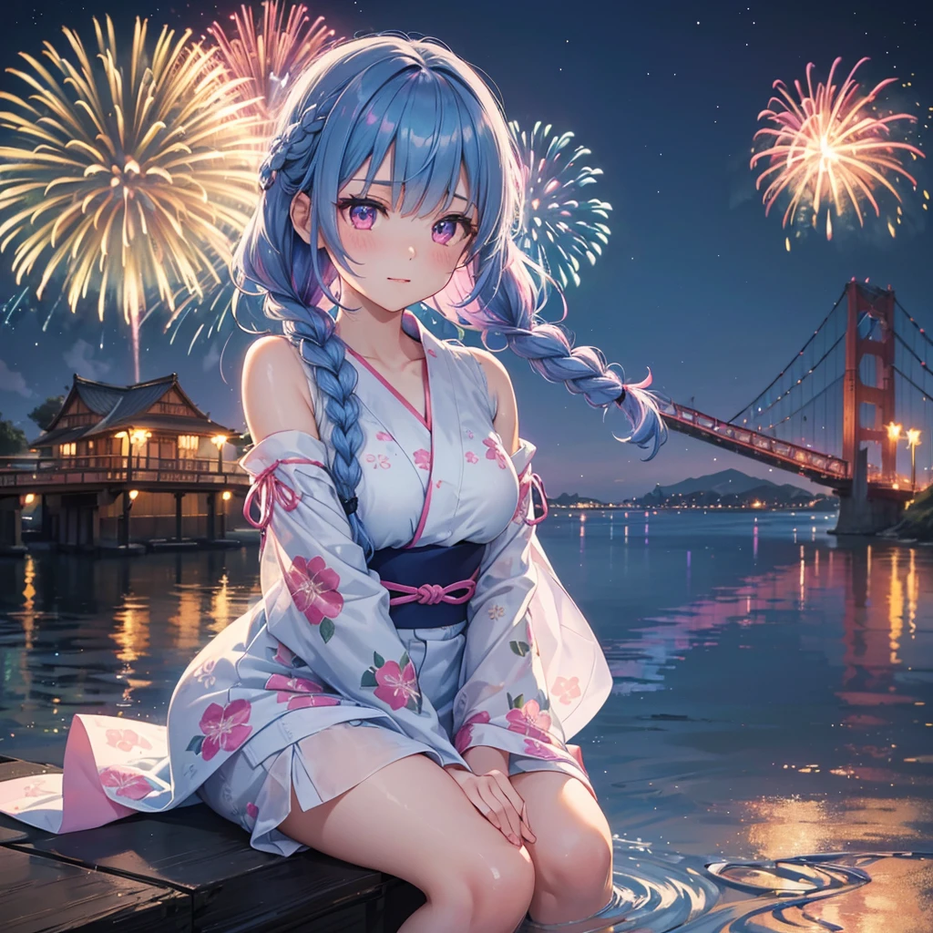 (Sky Blue Medium Hair:1.2), (Braided Hair),(Pink Eyes),Fair skin ,(whole body),(1 girl)、Floral Yukata、summer night、Extra-large fireworks filling the night sky、Big fireworks、Watching the fireworks while sitting next to each other、Straight bangs,(masterpiece, Highest quality, Very detailed, Best Shadow), (Detailed Background), (Beautifully detailed face), High Contrast, (Best lighting, Very delicate and beautiful), ((Cinematic Light)), colorful, Hyper Detail 8k, Dramatic Light, Intricate details,Fireworks reflected on the water surface、Rainbow Bridge