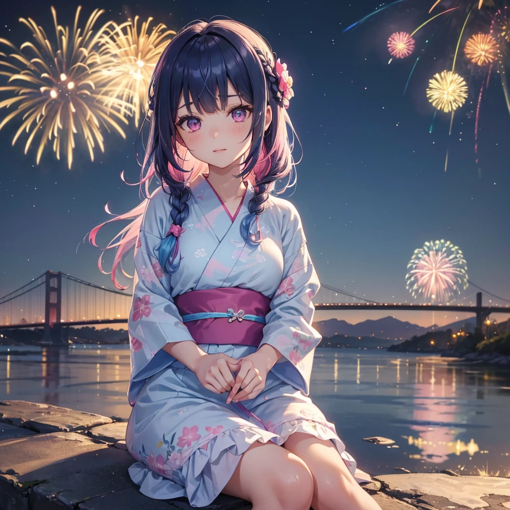 (Sky Blue Medium Hair:1.2), (Braided Hair),(Pink Eyes),Fair skin ,(whole body),(1 girl)、Floral Yukata、summer night、Extra-large fireworks filling the night sky、Big fireworks、Watching the fireworks while sitting next to each other、Straight bangs,(masterpiece, Highest quality, Very detailed, Best Shadow), (Detailed Background), (Beautifully detailed face), High Contrast, (Best lighting, Very delicate and beautiful), ((Cinematic Light)), colorful, Hyper Detail 8k, Dramatic Light, Intricate details,Fireworks reflected on the water surface、Rainbow Bridge
