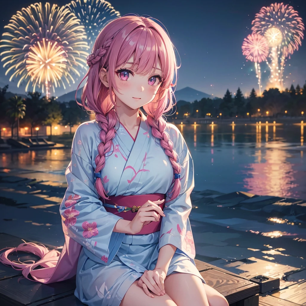 (Sky Blue Medium Hair:1.2), (Braided Hair),(Pink Eyes),Fair skin ,(whole body),(1 girl)、Floral Yukata、summer night、Extra-large fireworks filling the night sky、Big fireworks、Watching the fireworks while sitting next to each other、Straight bangs,(masterpiece, Highest quality, Very detailed, Best Shadow), (Detailed Background), (Beautifully detailed face), High Contrast, (Best lighting, Very delicate and beautiful), ((Cinematic Light)), colorful, Hyper Detail 8k, Dramatic Light, Intricate details,Fireworks reflected on the water surface、Rainbow Bridge
