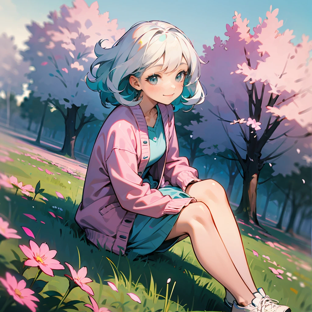 1female, White Hair, Teal Highlighted Hair, Blue Summer Dress, Curly Hair, Pink Cardigan, Casual Shoes, Grey Eyes, Smiling, , Adult Female, Flower Meadow, Sitting Among the Blossoms