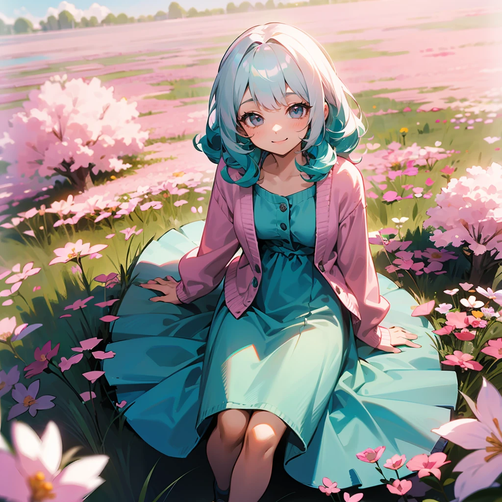 1female, White Hair, Teal Highlighted Hair, Blue Summer Dress, Curly Hair, Pink Cardigan, Casual Shoes, Grey Eyes, Smiling, , Adult Female, Flower Meadow, Sitting Among the Blossoms