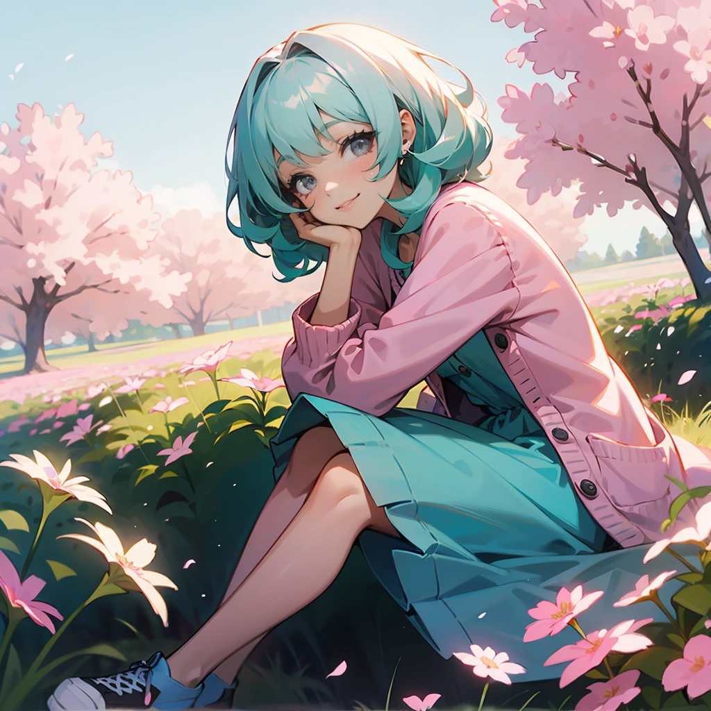 1female, White Hair, Teal Highlighted Hair, Blue Summer Dress, Curly Hair, Pink Cardigan, Casual Shoes, Grey Eyes, Smiling, , Adult Female, Flower Meadow, Sitting Among the Blossoms