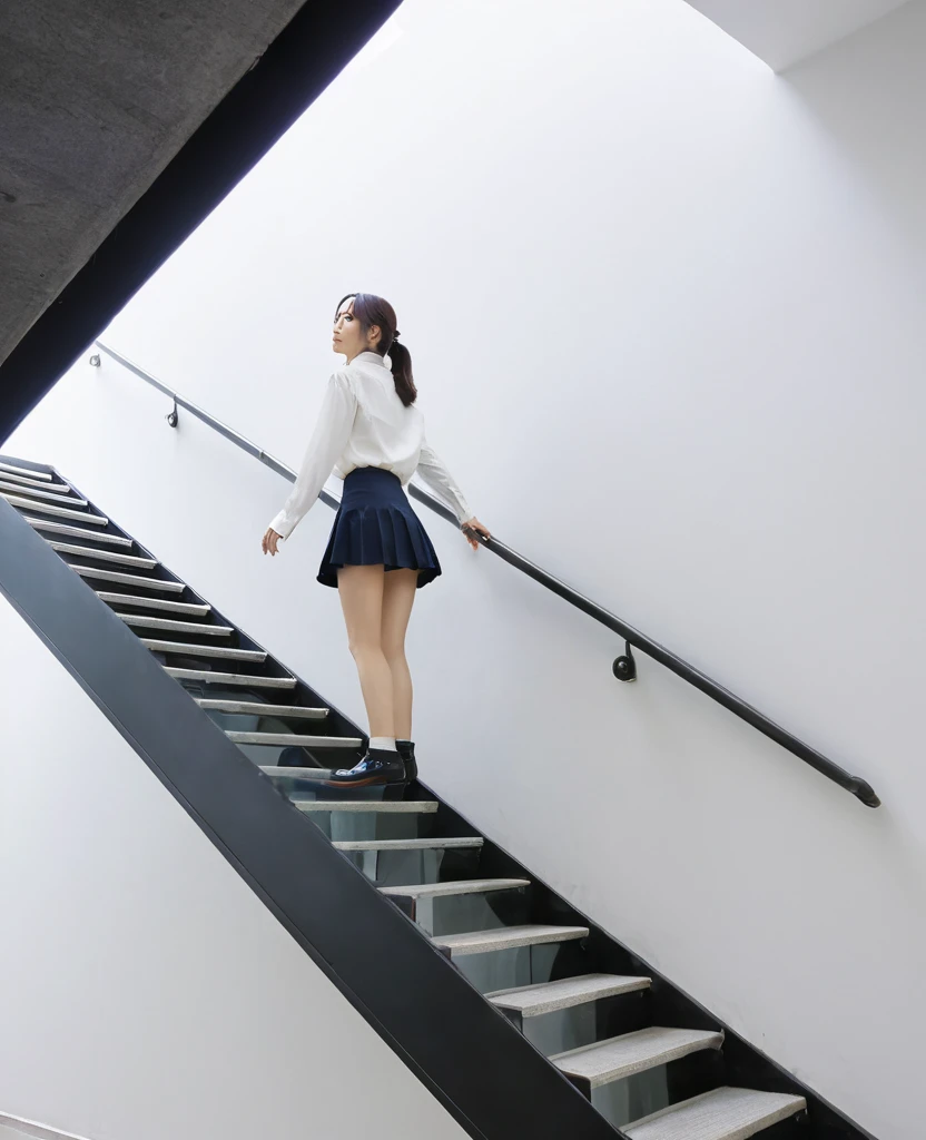 A woman in a miniskirt climbing the stairs、Angle from below、ノーパン