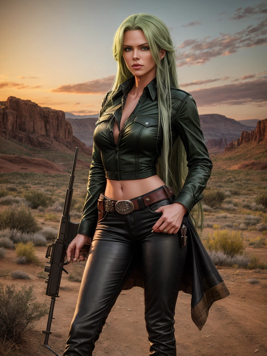 full body realism, a woman with long green hair wearing black leather pants and a plaid shirt is standing next to a gun holster in front of a wild west landscape at sunset