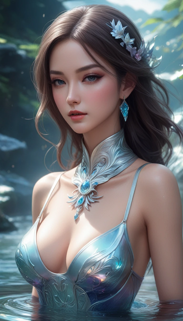a close up of a woman in a bodysuit standing in a river, a beautiful fantasy empress, beautiful alluring anime woman, extremely detailed artgerm, 8k stunning artwork, ((a beautiful fantasy empress)), wlop rossdraws, wlop and rossdraws, 2. 5 d cgi anime fantasy artwork, upscale 8x, high resolution 4k, full body, full-length,derss colerful, background surrealism, super high quality,Very beautiful bodywear, masterpiece, unique, ancient, mythical background, woman realistic