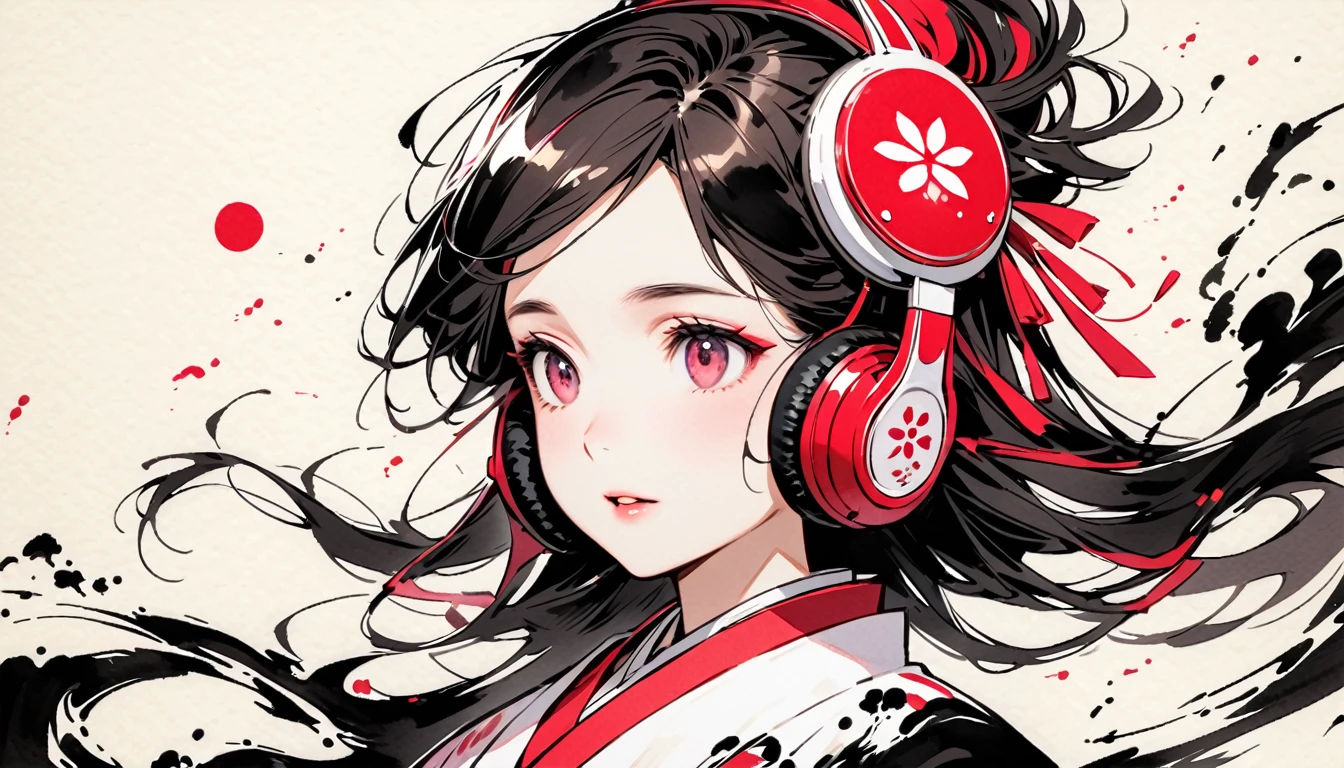 (((Ink Painting))), (((Japanese style headphones))), (((Princess))), face close up, Gorgeous hair accessories, Japan人の美少女, Fluttering Hair, Japan, Japanese flag, pink