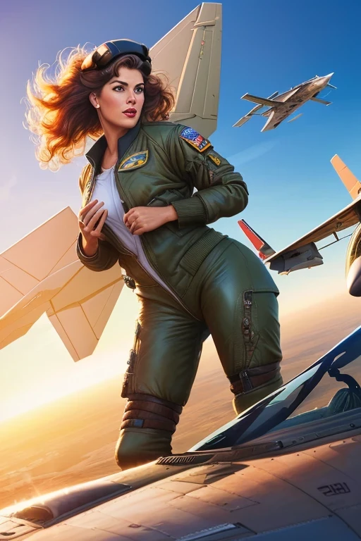 A stunning digital painting of (Kelly McGillis -Top Gun:1.0),solo, (middle shot:1.4), realistic, masterpiece, best quality, high detailed, (As a female pilot, depict her in an aviator's uniform, complete with a bomber jacket and a flight cap, against the backdrop of a roaring fighter jet. This thrilling, high-resolution masterpiece will evoke her soaring spirit, resulting in a breathtaking, adventurous, aviation-inspired piece of art in a sensational, life-like 8K quality.:1.3),(in the style of Luis Royo:1.1),epic fantasy character art, concept art, fantasy art, fantasy art, vibrant high contrast,trending on ArtStation, dramatic lighting, ambient occlusion, volumetric lighting, emotional, Deviant-art, hyper detailed illustration, 8k, gorgeous lighting, vamptech ,(full height portrait:1.8),(A retro-inspired bouffant style with hair teased high at the crown and styled in loose curls at the ends.:1.2),photoshoot