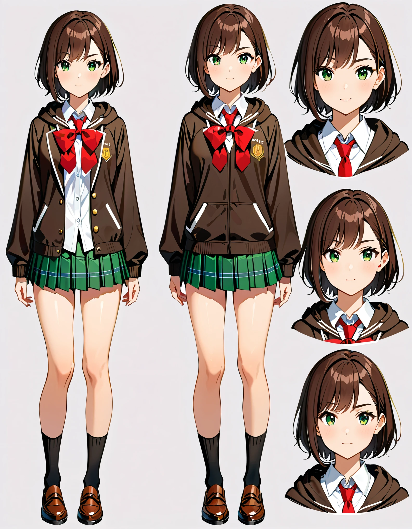 (masterpiece, best quality, high quality, highres:1.2), 1girl, high school student, dark brown hoodie jacket, white shirt, red ribbon bow necktie, pleated skirt, miniskirt, bare legs, black socks, brown shoes, jet black hair, short hair, green eyes, beautiful detailed eyes, beautiful detailed face, cute face, medium breasts, age 16-18, solo, solo focus. Full body costume design. Simple background, Multiple Views, Character Sheet Full-Length.