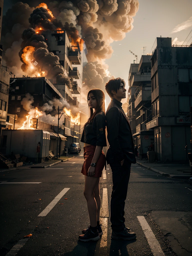 Male anime character and female anime character standing infront of a burning city