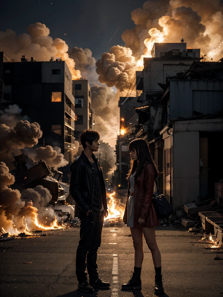 Male anime character and female anime character standing infront of a burning city