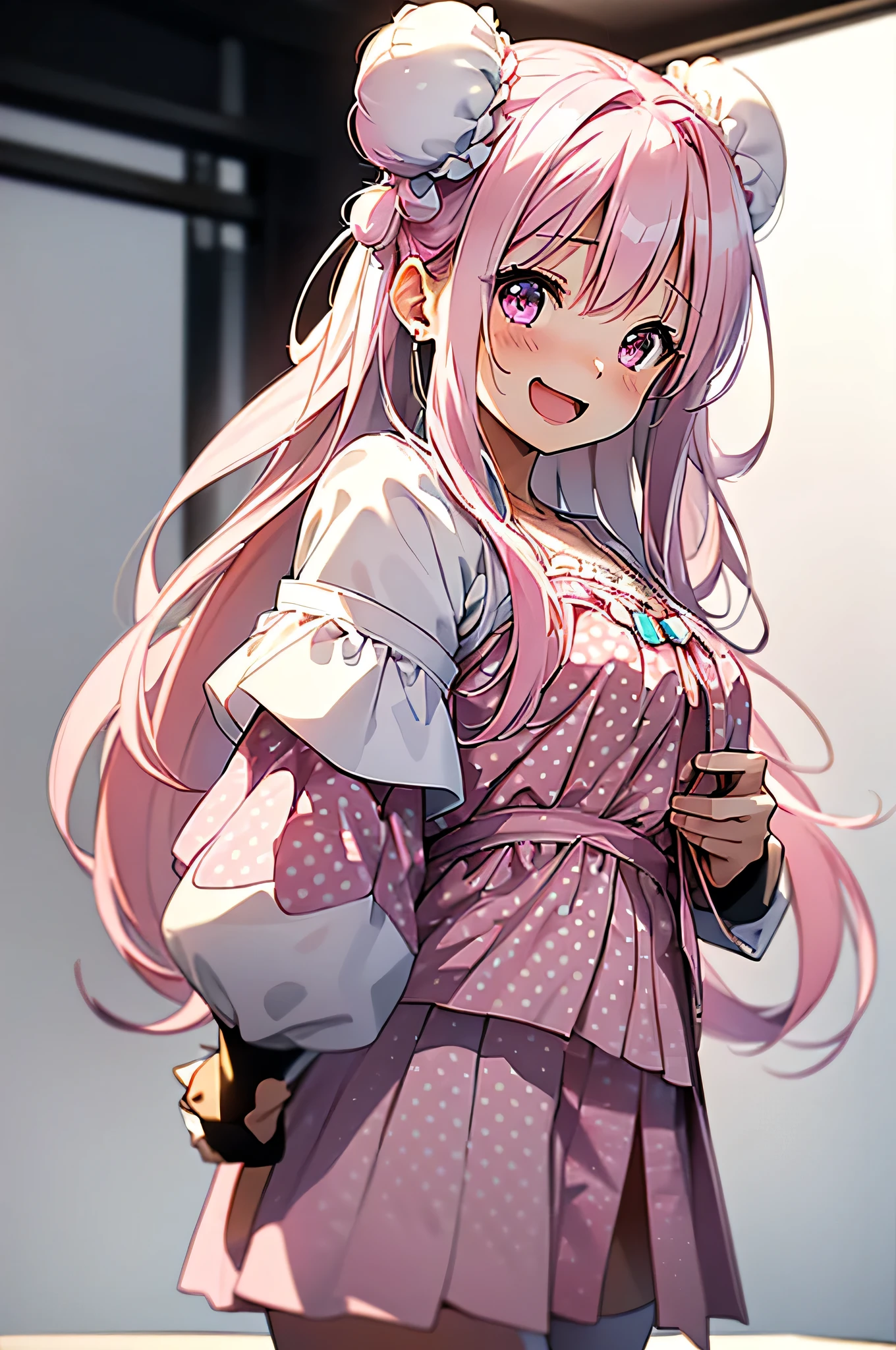 (Highest quality,The background is pure white、 8k, Oil, Tabletop:1.2), Very detailed, (Realistic, Realistic:1.37), (((Full Body Shot)))、Bright colors, (Hair Ribbon:0.4), Pink Eyes,(((White bun hair))),(((Pink long hair))), (((looks fun)))、(((White and pink polka dot outfit)))、(((White and pink camisole)))、(((A woman of 16 years old)))、(((A little bit of chest is visible)))、Studio Lighting, ((( White Background))), (((Laughter.)))、(((The background is pure whiteな壁です)))、(((In front of a white wall)))、