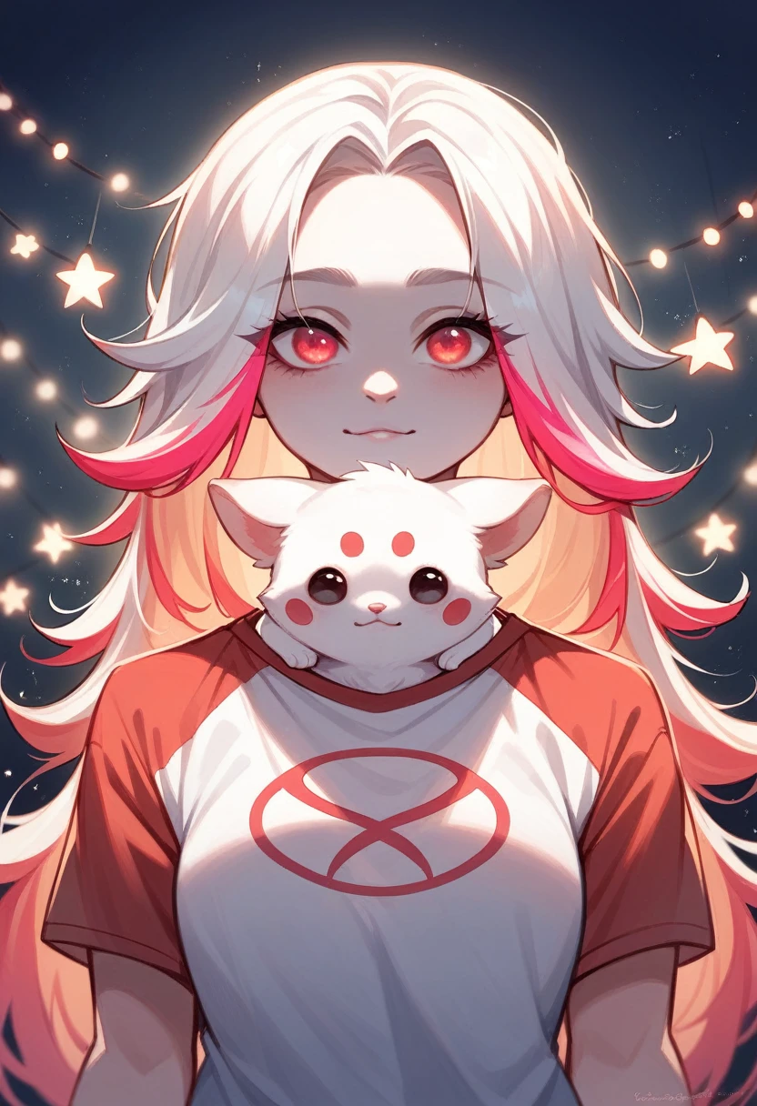 velues, white fur, ultra cute face, ultra long lashes, red elements on the skin, bright t-shirt, beautiful lights and shadows, ambient light, ultra detailed skin, neon highlights, Bright dark, work of art,epic,intrikate,ultra HD