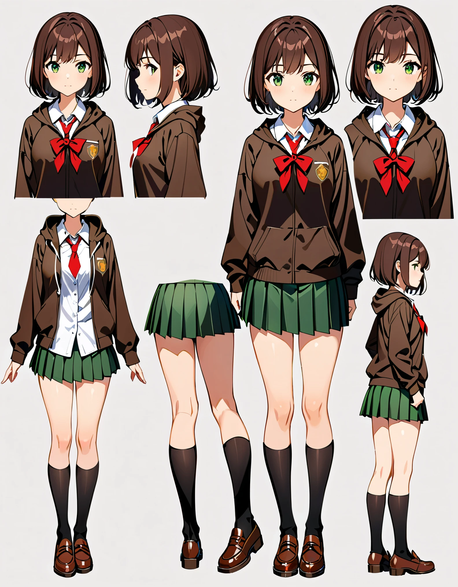 (masterpiece, best quality, high quality, highres:1.2), 1girl, high school student, dark brown hoodie jacket, white shirt, red ribbon bow necktie, pleated skirt, miniskirt, bare legs, black socks, brown shoes, jet black hair, short hair, green eyes, beautiful detailed eyes, beautiful detailed face, cute face, medium breasts, -18, solo, solo focus. Full body costume design. Simple background, Multiple Views, Character Sheet Full-Length.