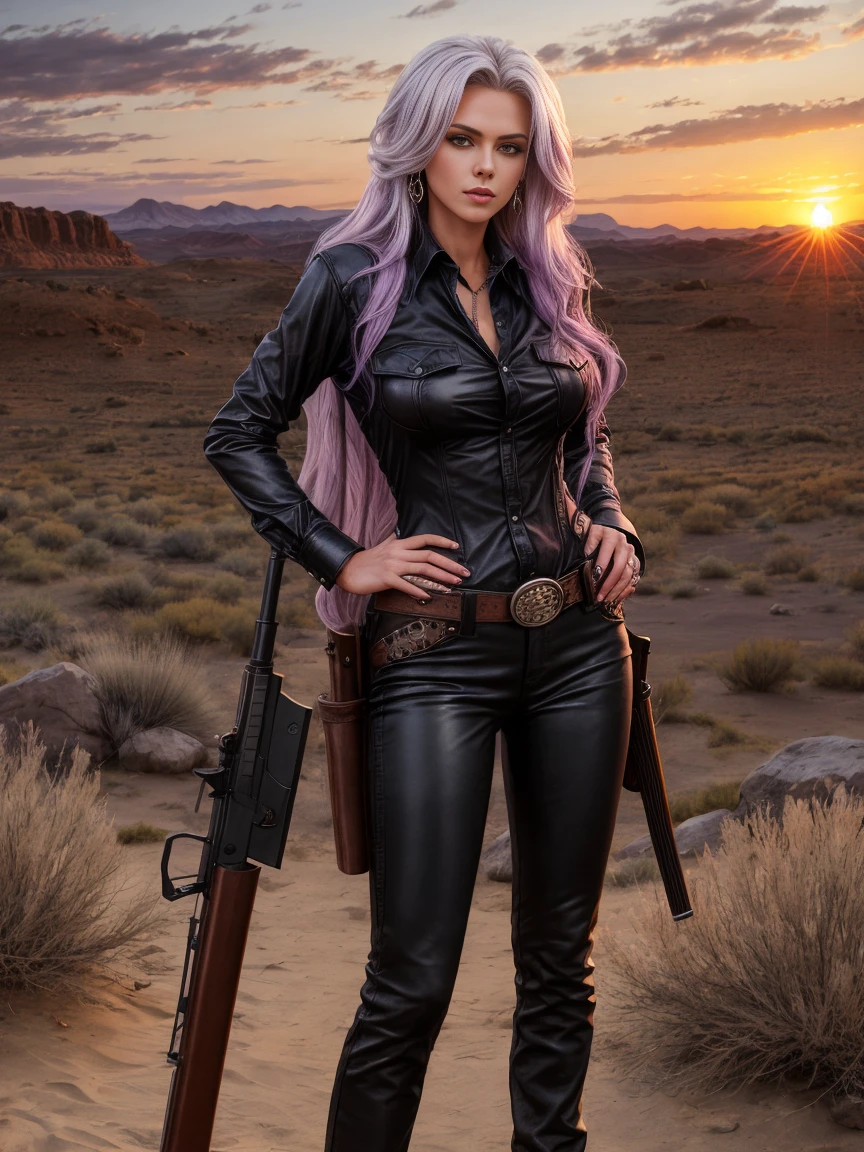 full body realism, a woman with long lilac hair wearing black leather pants and a plaid shirt is standing next to a gun holster in front of a wild west landscape at sunset