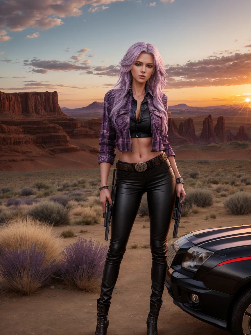 full body realism, a woman with long lilac hair wearing black leather pants and a plaid shirt is standing next to a gun holster in front of a wild west landscape at sunset
