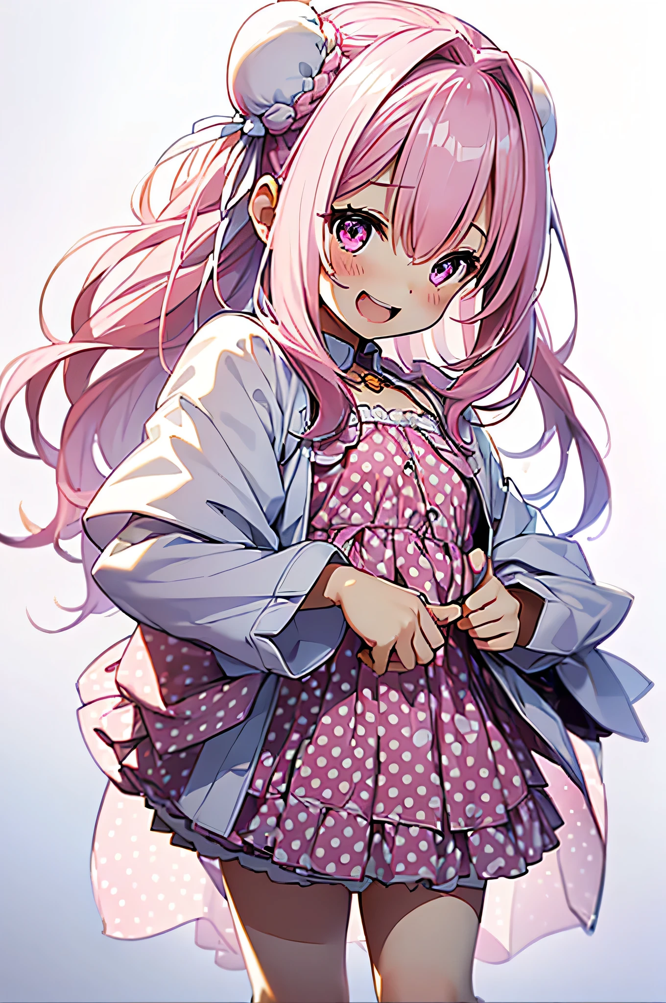 (Highest quality,The background is pure white、 8k, Oil, Tabletop:1.2), Very detailed, (Realistic, Realistic:1.37), (((Full Body Shot)))、Bright colors, (Hair Ribbon:0.4), Pink Eyes,(((White bun hair))),(((Pink long hair))), (((looks fun)))、(((White and pink polka dot outfit)))、(((White and pink camisole)))、(((A woman of 16 years old)))、(((A little bit of chest is visible)))、Studio Lighting, ((( White Background))), (((Laughter.)))、(((The background is pure whiteな壁です)))、(((In front of a white wall)))、