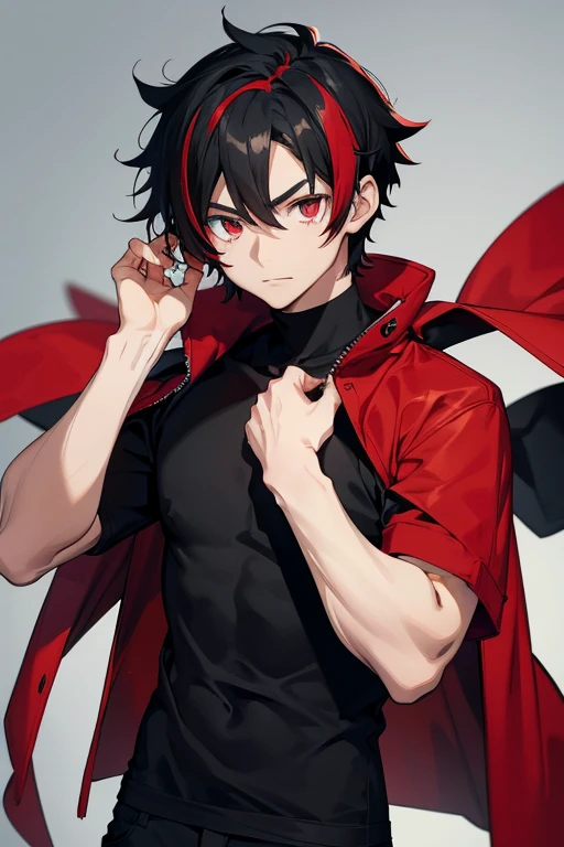 Anime boy who has black hair with red highlights, He wears a black t-shirt, and wears a red coat, but make him a bit of a fool