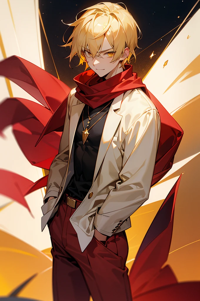 blonde hair, gold eyes, beautiful male, yellow eyes, start sky, 8k resolution, sky, galaxy, young male, serious face, short hair, black shirt, cowboy shot, glowing red gem necklace, smile, red gem on chest, mature, lean build, arms in pockets, muscular, baseball hat,white shirt,red pants, red gem necklace,no lazy eye, red scarf,