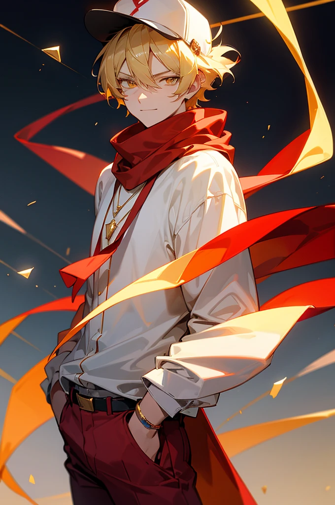 blonde hair, gold eyes, beautiful male, yellow eyes, start sky, 8k resolution, sky, galaxy, young male, serious face, short hair, black shirt, cowboy shot, glowing red gem necklace, smile, red gem on chest, mature, lean build, arms in pockets, muscular, baseball hat,white shirt,red pants, red gem necklace,no lazy eye, red scarf,

