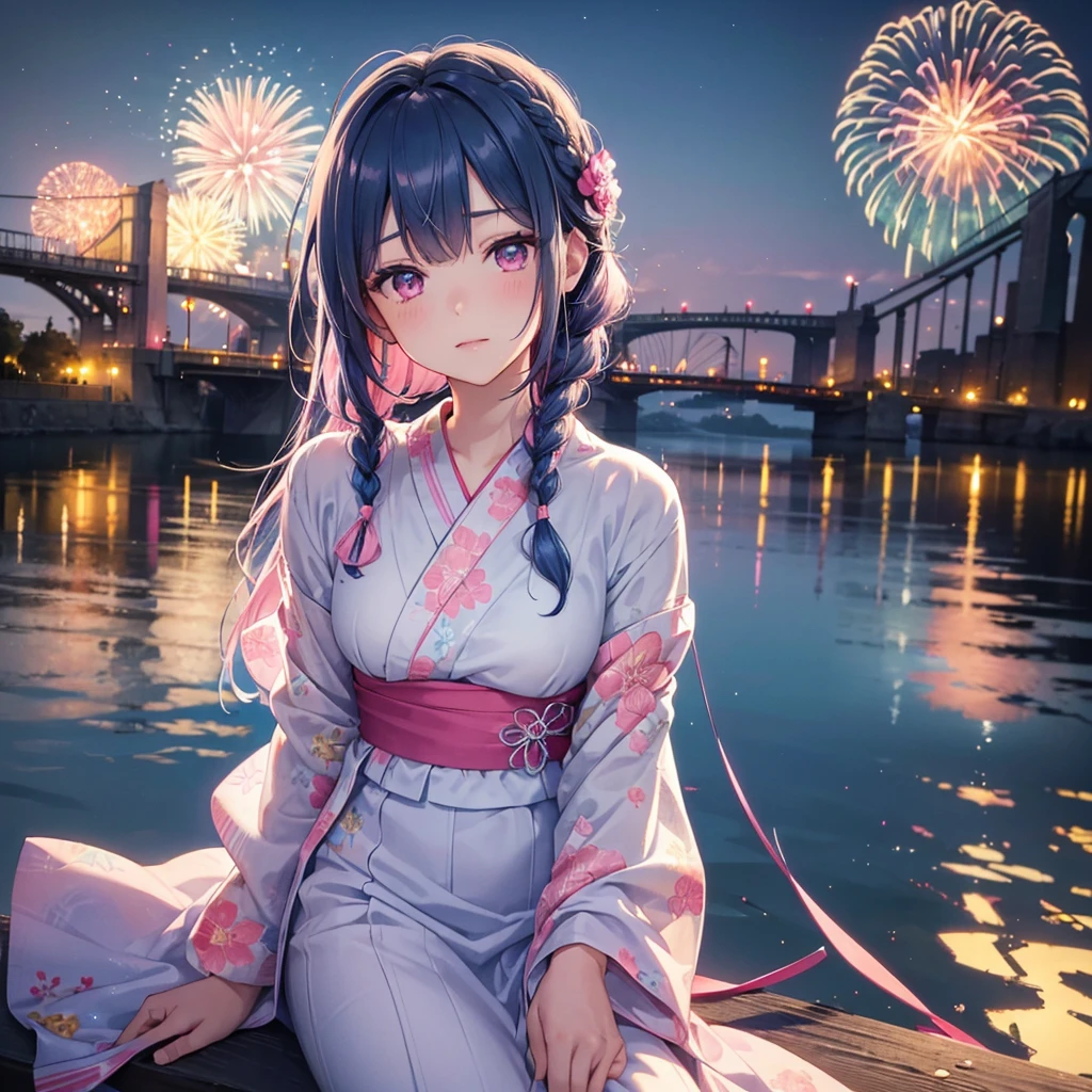 (Sky Blue Medium Hair:1.2), (Braided Hair),(Pink Eyes),Fair skin ,(whole body),(1 girl)、Floral Yukata、summer night、Extra-large fireworks filling the night sky、Big fireworks、Watching the fireworks while sitting next to each other、Straight bangs,(masterpiece, Highest quality, Very detailed, Best Shadow), (Detailed Background), (Beautifully detailed face), High Contrast, (Best lighting, Very delicate and beautiful), ((Cinematic Light)), colorful, Hyper Detail 8k, Dramatic Light, Intricate details,Fireworks reflected on the water surface、bridge、