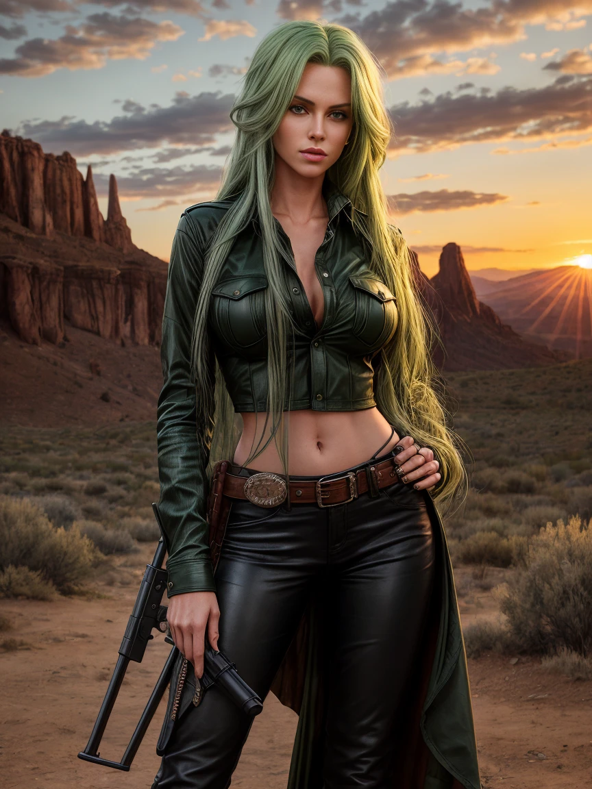 full body realism, a woman with long green hair wearing black leather pants and a plaid shirt is standing next to a gun holster in front of a wild west landscape at sunset