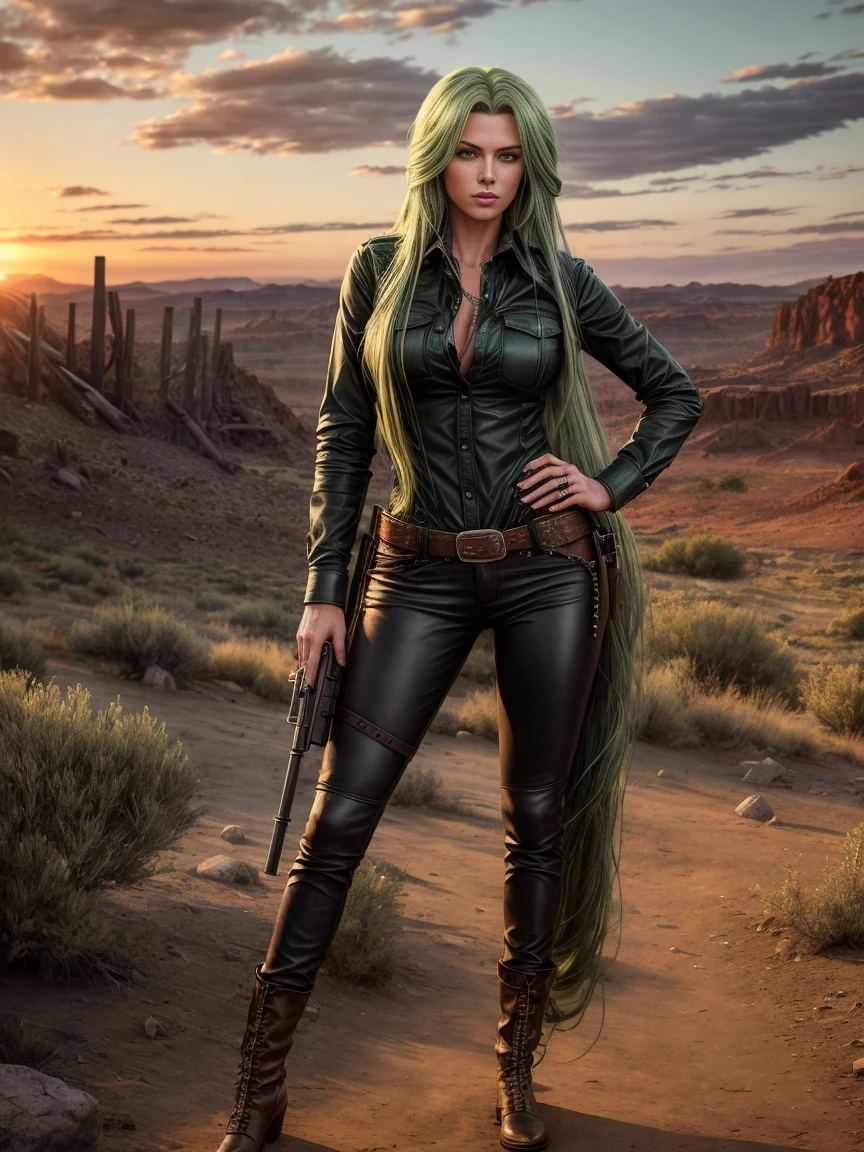 full body realism, a woman with long green hair wearing black leather pants and a plaid shirt is standing next to a gun holster in front of a wild west landscape at sunset