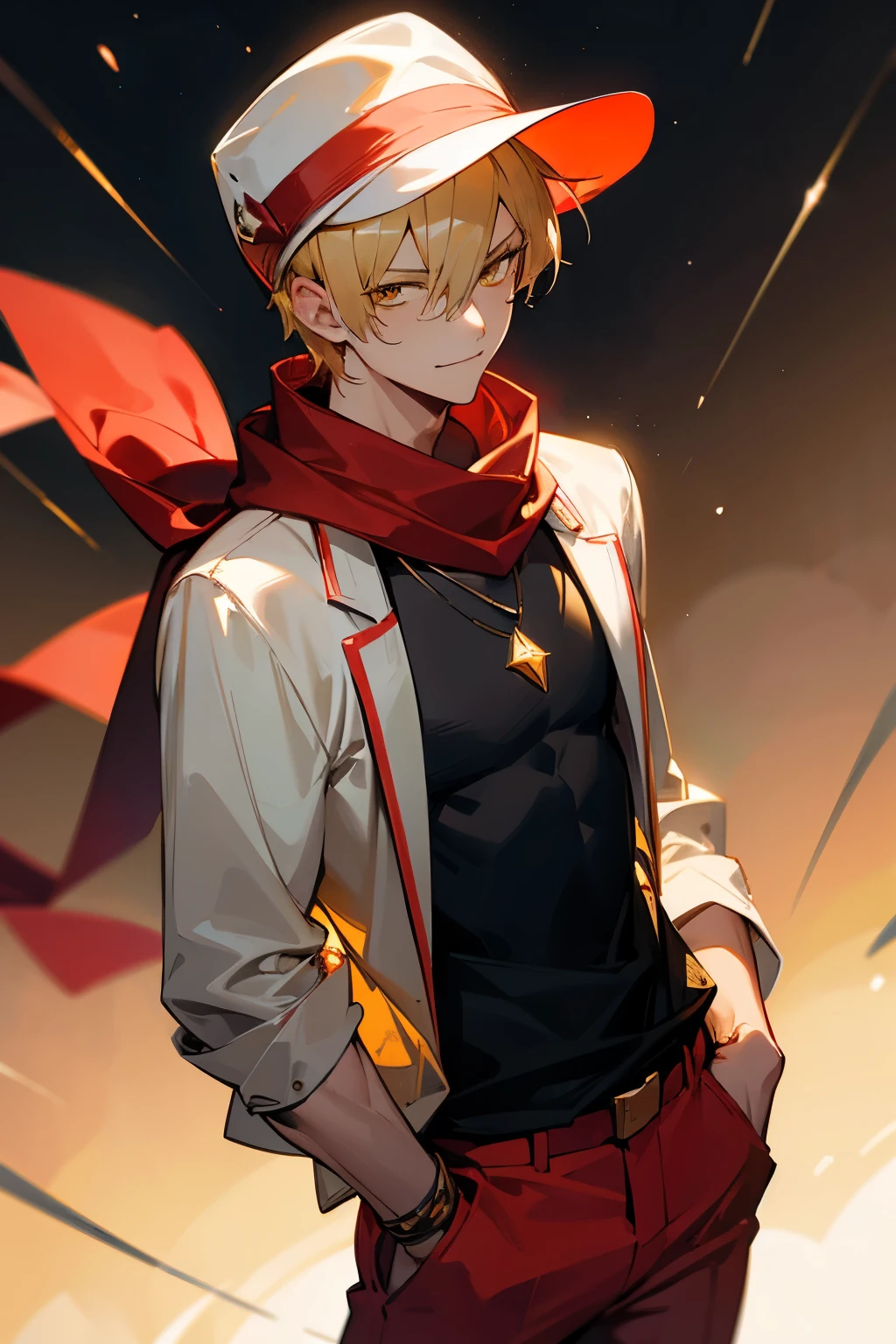 blonde hair, gold eyes, beautiful male, yellow eyes, start sky, 8k resolution, sky, galaxy, young male, serious face, short hair, black shirt, cowboy shot, glowing red gem necklace, smile, red gem on chest, mature, lean build, arms in pockets, muscular, baseball hat,white shirt,red pants, red gem necklace,no lazy eye, red scarf,