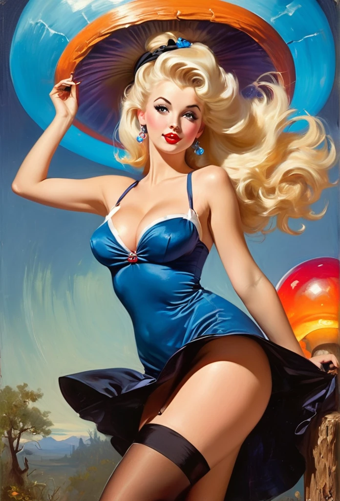 A Gil Elvgren pin-up style painting of a beautiful blonde woman with big messy hair, with a thin black hairband, in a seductive short blue dress, cleavage, white stockings, in a provocative pose, on a giant glowing mushroom, vibrant and colorful,
