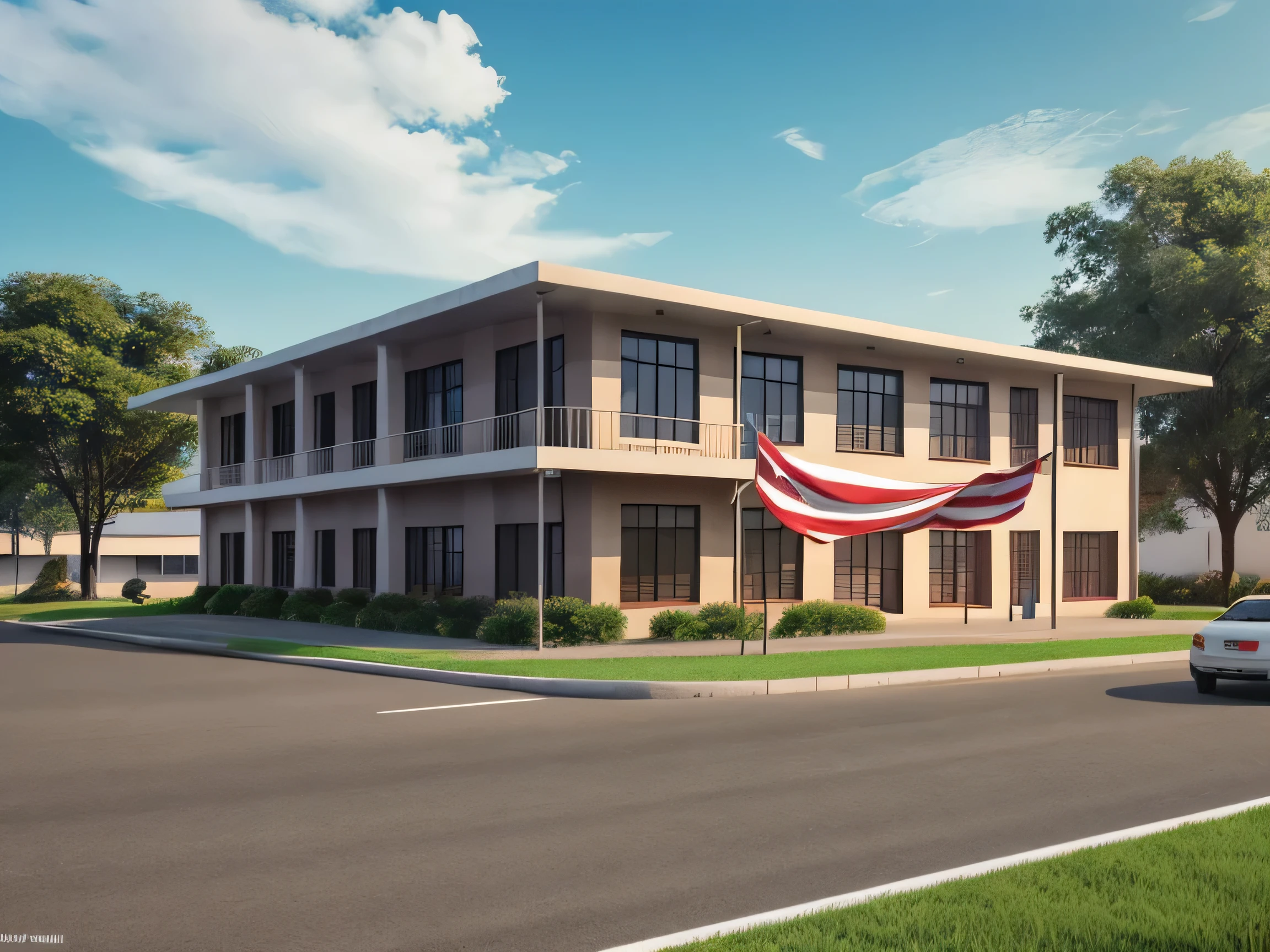 there is a painting of a building with a flag in front, fundo do high school, high school, cg Rendering, School's yard, japanese high school, environmental photo, digital Rendering, digitally painted, a digital Rendering, Rendering, wide scene framing, intermediate art, promo image, art admirer, Detailed school transcripts, Realistic Scene, scene framing, architectural Rendering, wide portrait