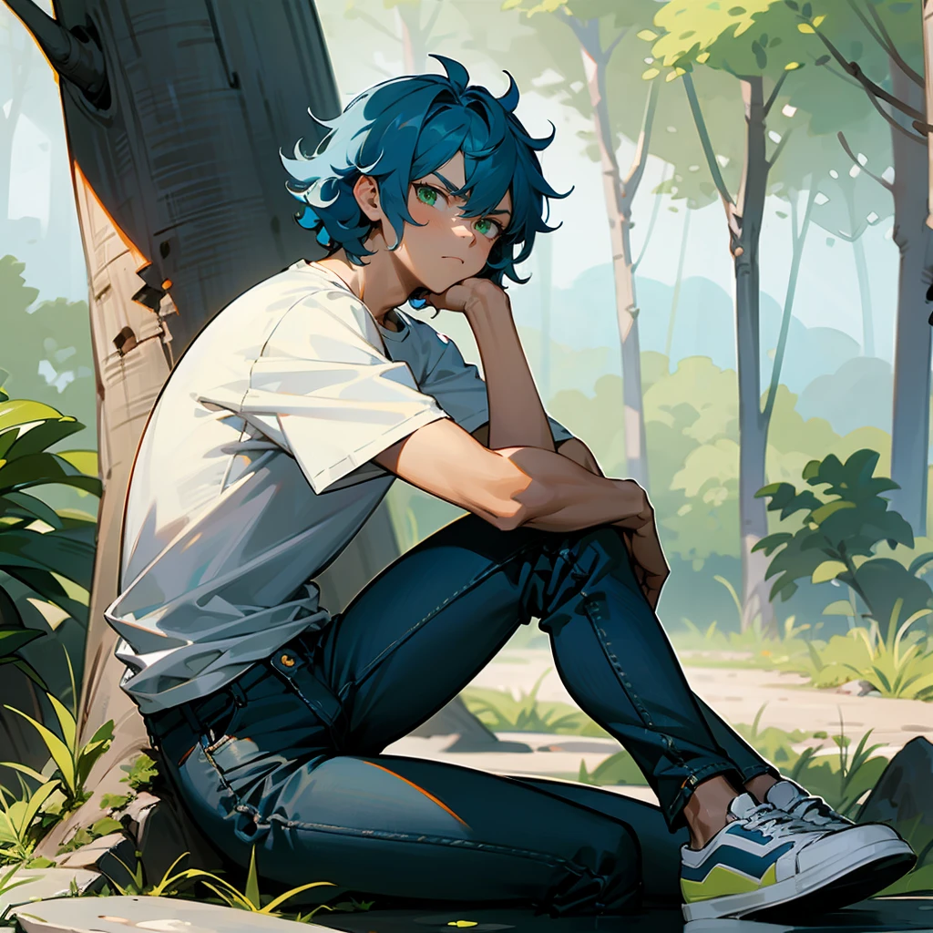 1male, Blue Hair, White T-shirt, Curly Hair, Black Jeans, Sneakers, Green Eyes, Serious Expression, Athletic, Regular, Young Male, Forest, Sitting on a Rock