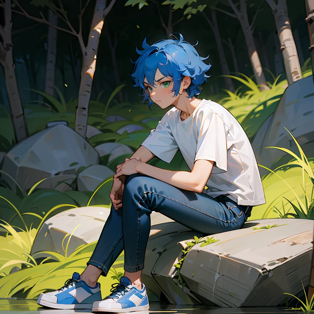1male, Blue Hair, White T-shirt, Curly Hair, Black Jeans, Sneakers, Green Eyes, Serious Expression, Athletic, Regular, Young Male, Forest, Sitting on a Rock