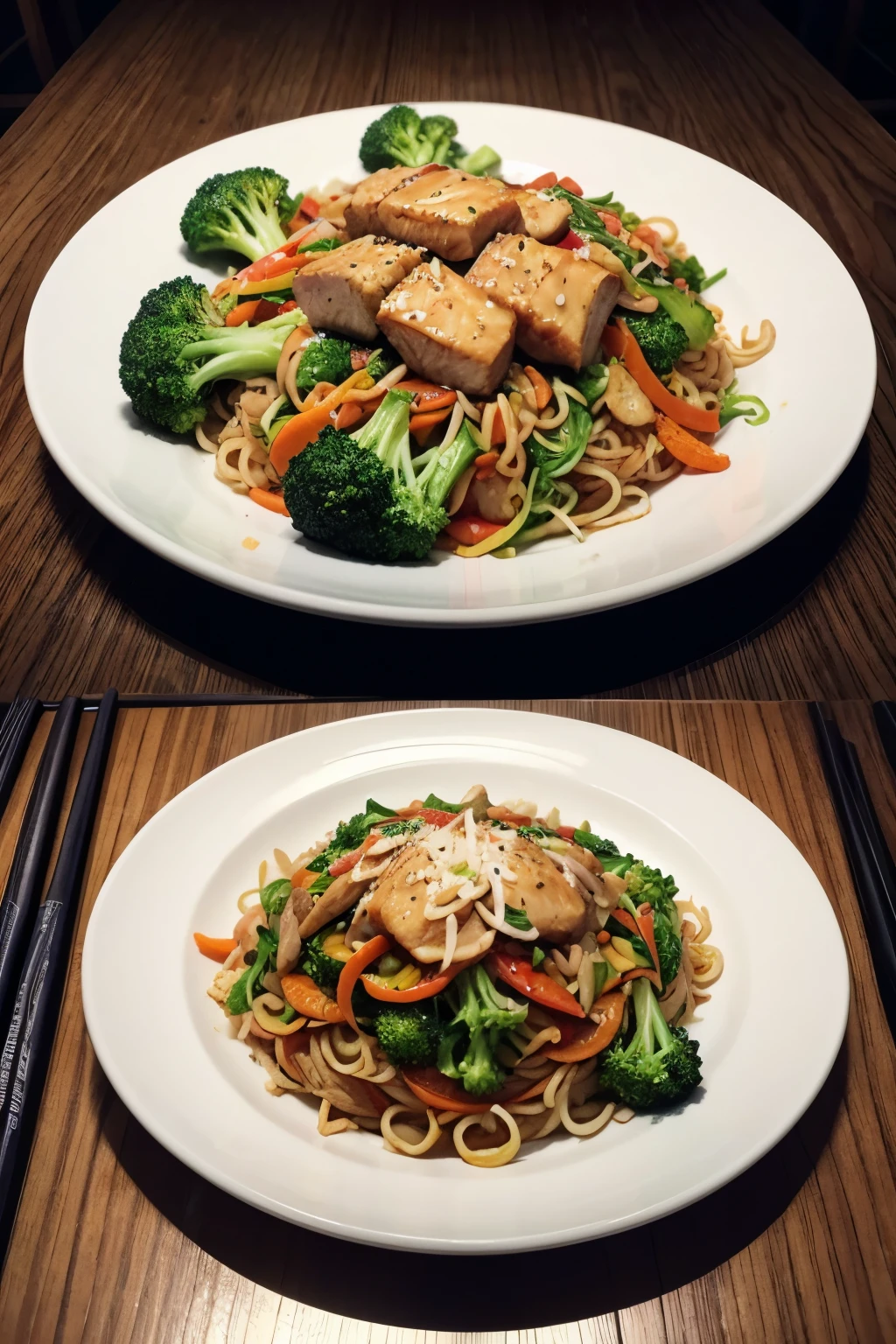 Yakisoba oriental noodles, with meat and chicken. Accompanied by fresh vegetables (broccoli, onion, carrot, bell pepper, chard and cabbage WITH THE PICTURE ON A PLATE ONLY FOCUSING ON THE PLATE