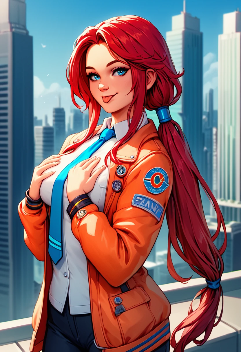 score_9, score_8_up,, (female:1.5), female focus, female body, randy, red hair, long hair low tie ponytail, blue eyes, orange jacket, tie, black miniskirt, smiling, hands on own breasts, tongue out, standing, cowboy shot, looking at you, futuristic city,