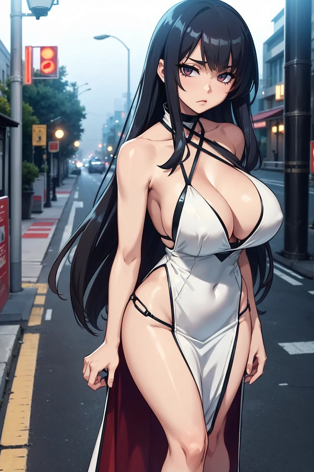 1 hot girl, high-slit dress, low-cut cleavage, halter, thigh cleavage, street sidewalk, fog, night city, at night, (series:tsf monogatari), (character:musashino takumi),