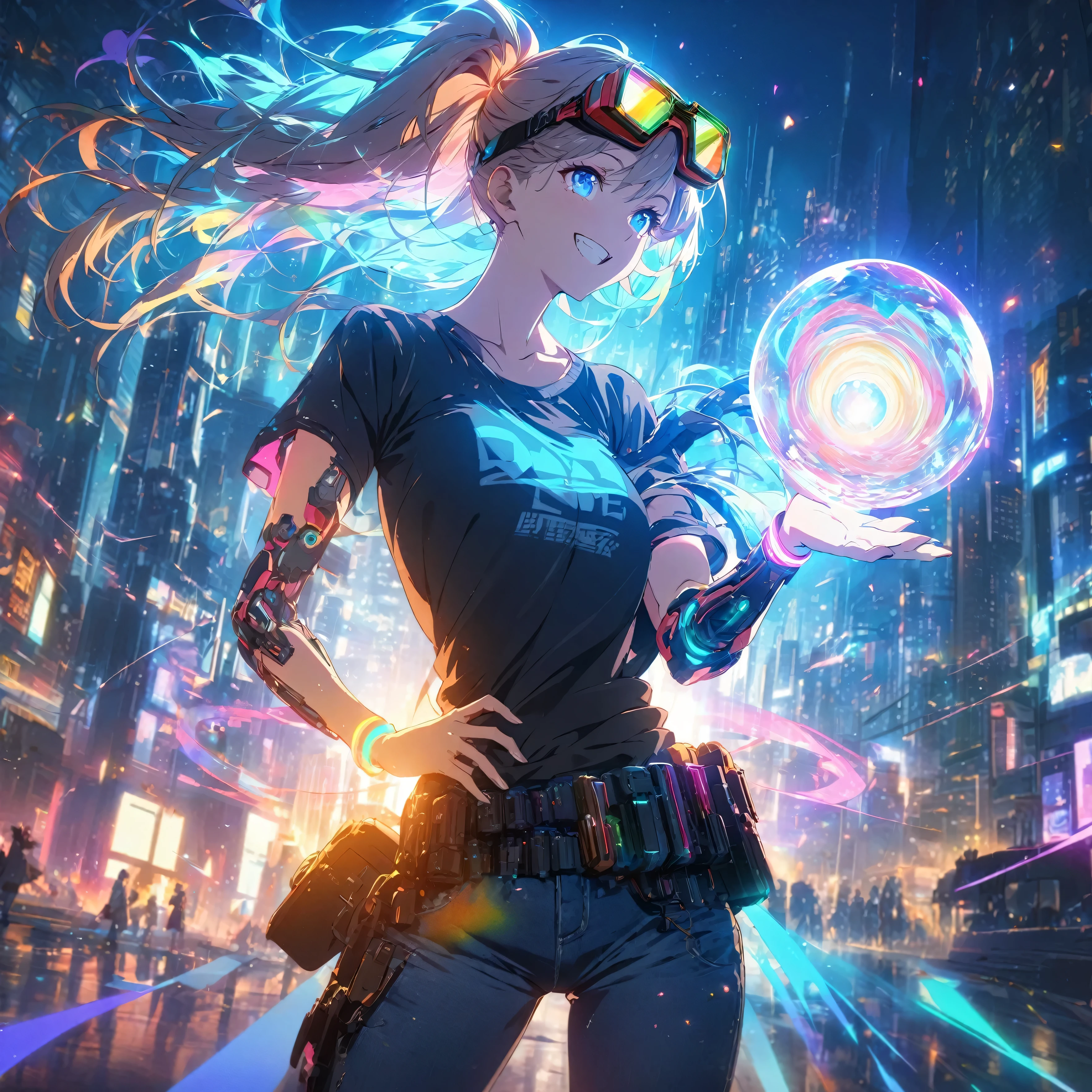  A girl with Lightcraft has a slender build, sparkling blue eyes, hair that shifts colors like a rainbow, skin with a faint luminescence, wearing a casual outfit of a fitted t-shirt and jeans, (nude:0.8), paired with intricate mechanical accessories like a glowing wristband, a utility belt with small, adjustable light projectors, and detailed, light-infused goggles, often surrounded by a soft, radiant aura, with shimmering light trails following her movements, striking a dynamic pose with one hand outstretched, creating a glowing orb of light, and the other hand resting on her hip, exuding confidence and control, her expression is Ecstatic/Joyful, Closed or raised eyes, broad smile, excited demeanor. background features a futuristic cityscape at twilight, with glowing skyscrapers and neon lights reflecting off glass surfaces, blending seamlessly with the radiant aura around her and casting a warm, vibrant glow across the scene,detailed gorgeous face| anime style| key visual| intricate detail| highly detailed| breathtaking| vibrant| panoramic| cinematic| Carne Griffiths| Conrad Roset| gibbli 8k.