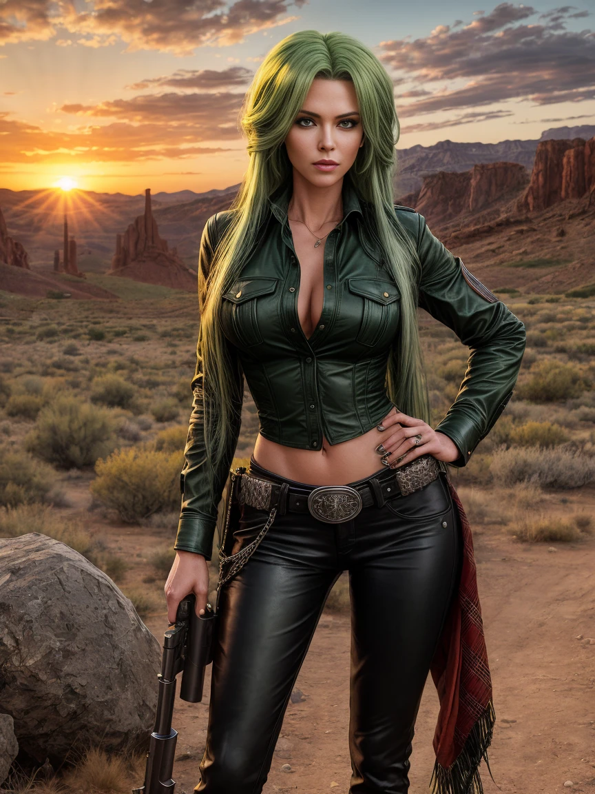 full body realism, a woman with long green hair wearing black leather pants and a plaid shirt is standing next to a gun holster in front of a wild west landscape at sunset