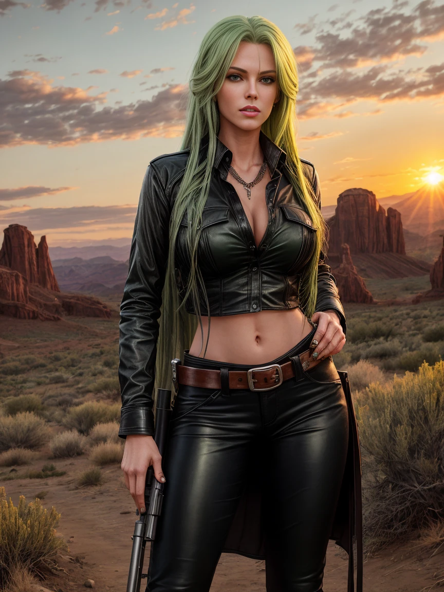 full body realism, a woman with long green hair wearing black leather pants and a plaid shirt is standing next to a gun holster in front of a wild west landscape at sunset