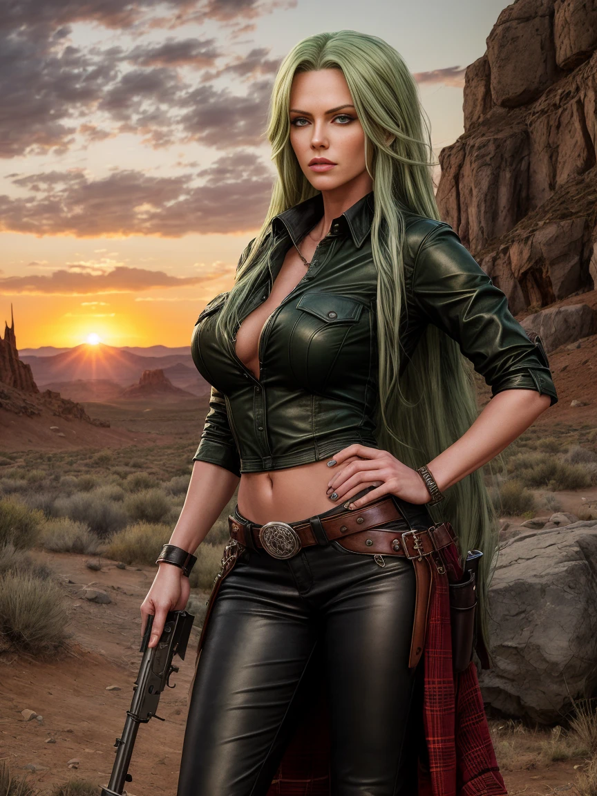 full body realism, a woman with long green hair wearing black leather pants and a plaid shirt is standing next to a gun holster in front of a wild west landscape at sunset