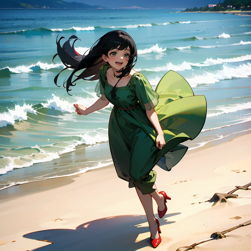 1female, Black Hair, Green Summer Dress, Straight Hair, Red Heels, Casual Attire, Hazel Eyes, Laughing, , Guide, Adult Female, Beach, Walking along the Shore