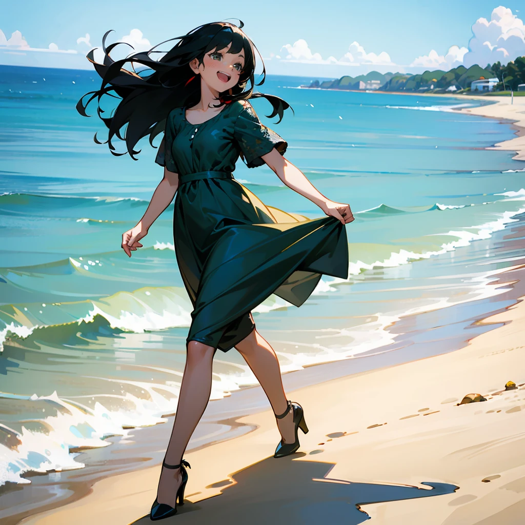 1female, Black Hair, Green Summer Dress, Straight Hair, Red Heels, Casual Attire, Hazel Eyes, Laughing, , Guide, Adult Female, Beach, Walking along the Shore