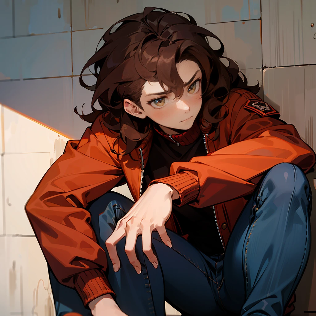 1male, Brown Hair, Red Bomber Jacket, Wavy Hair, Blue Jeans, Combat Boots, Amber Eyes, Calm Expression, Muscular, Irregular, Young Male, City, Leaning against a Wall